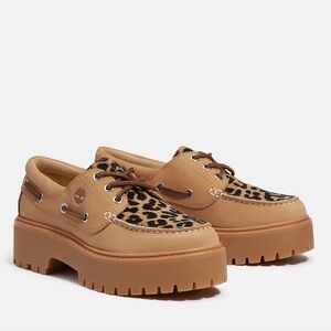 Timberland Women's Stone Street Platform Boat Shoe 9 Leopard Print/Beige Nubuck